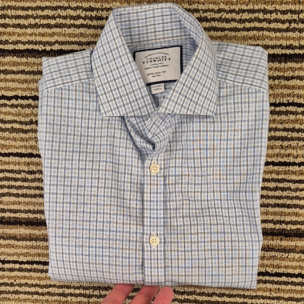 CHARLES TYRWHITT White Blue Plaid Cotton 14.5/32 Extra Slim Fit Mens Dress Shirt